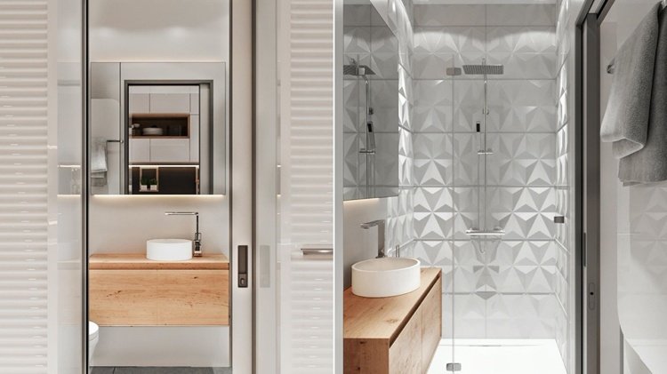 banheiro pequeno e estreito com azulejos 3D de chuveiro e penteadeira de madeira