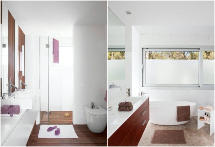 banheiro branco marrom - madeira escura com tom vermelho e azulejos brancos e azulejos bege