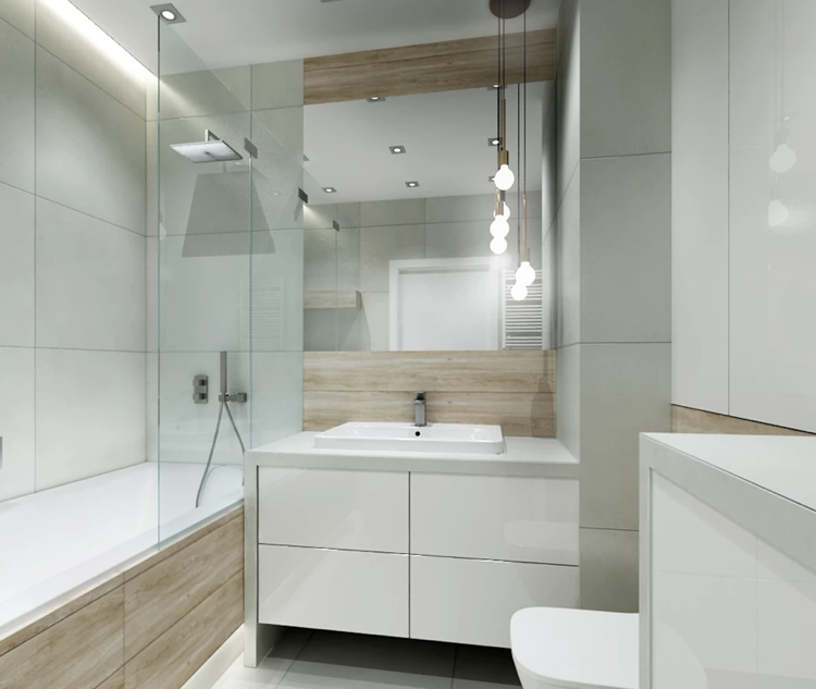banheiro pequeno em branco, cinza claro e madeira