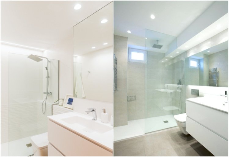 banheiro com design cinza branco com iluminação led luz branca 4000 kelvin