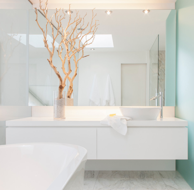 Faça o banheiro em cinza e branco com uma parede de destaque em turquesa ramo Deco em um vaso
