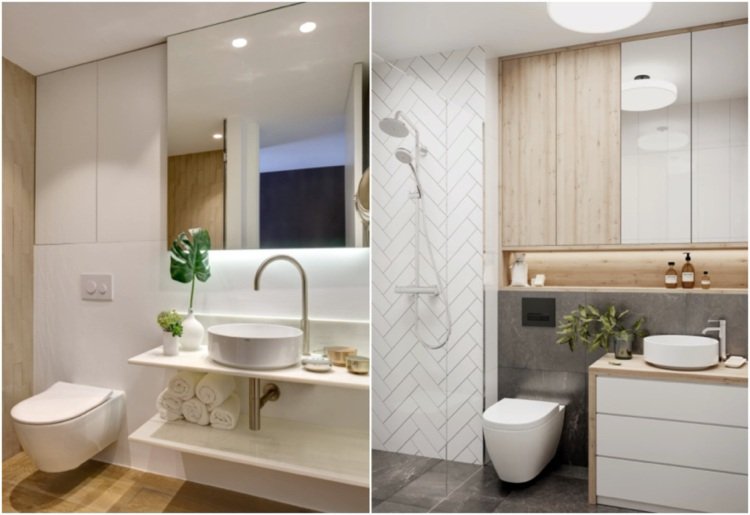 banheiro de madeira branca moderno com armário embutido atrás do vaso sanitário