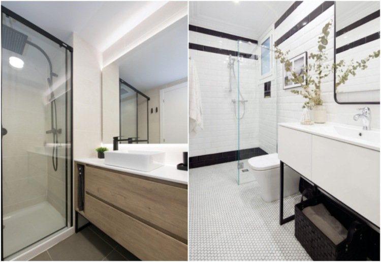 banheiro branco e preto com toques modernos em preto