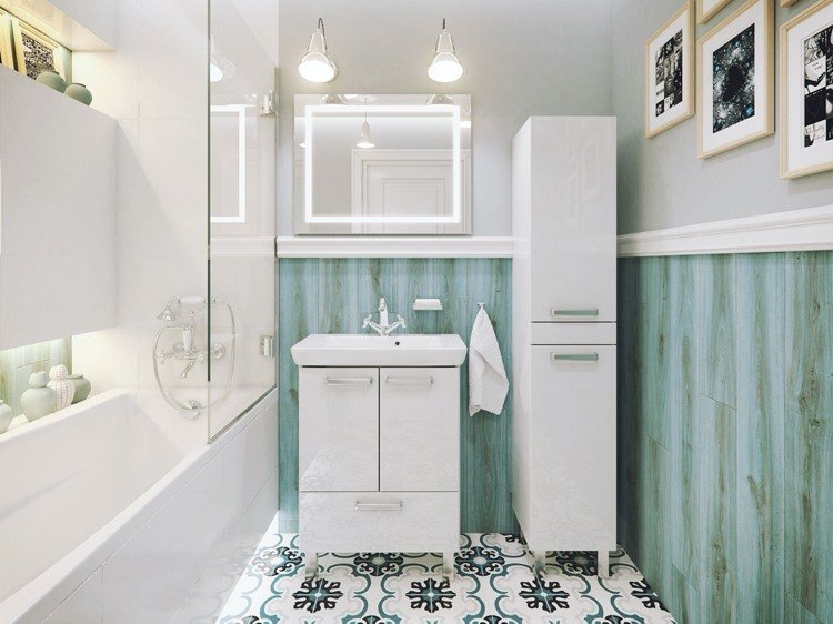 Banheiro em estilo vintage moderno com murais cinza e azul como decoração