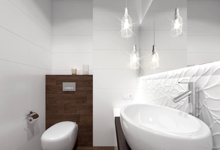 banheiro moderno em marrom e branco projetado com luzes pendentes acima da penteadeira