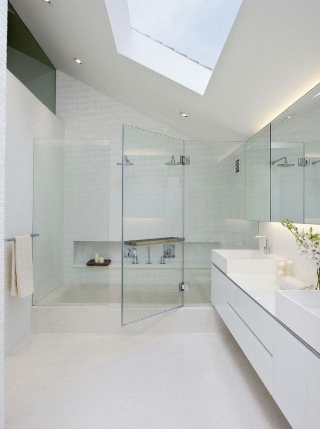 projeto do banheiro teto inclinado clarabóia porta de parede de vidro branco