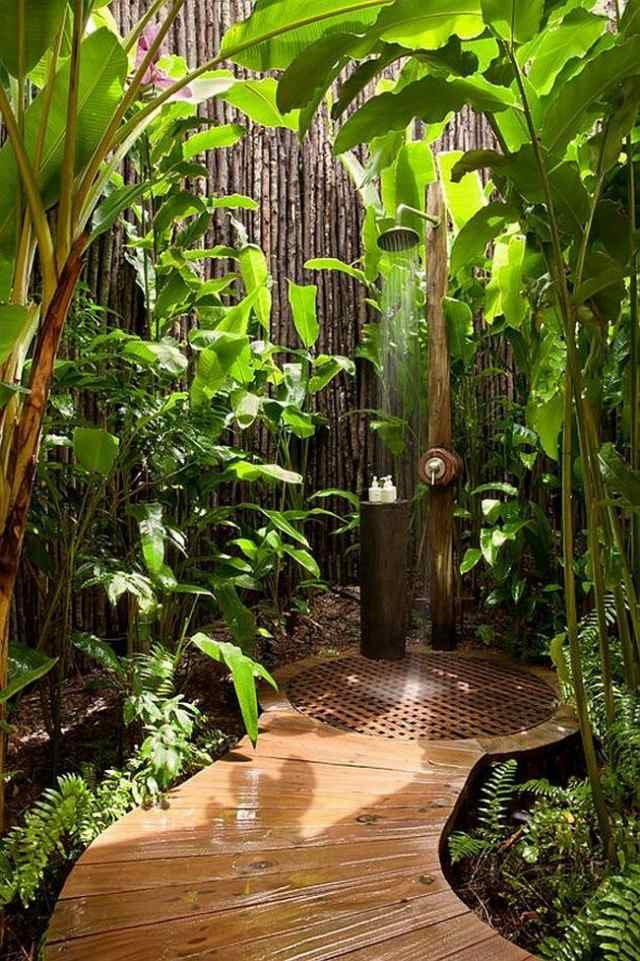 idéias de design de área de banho externa palmeiras tela de privacidade