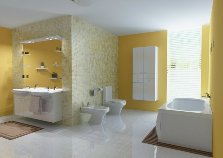 cor no banheiro, parede amarela, azulejos de mosaico, piso branco, banheira, espelho