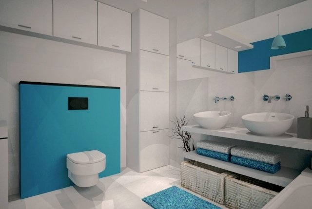 banheiro-sem-azulejos-branco-céu-azul-espaço de armazenamento-lavatório duplo