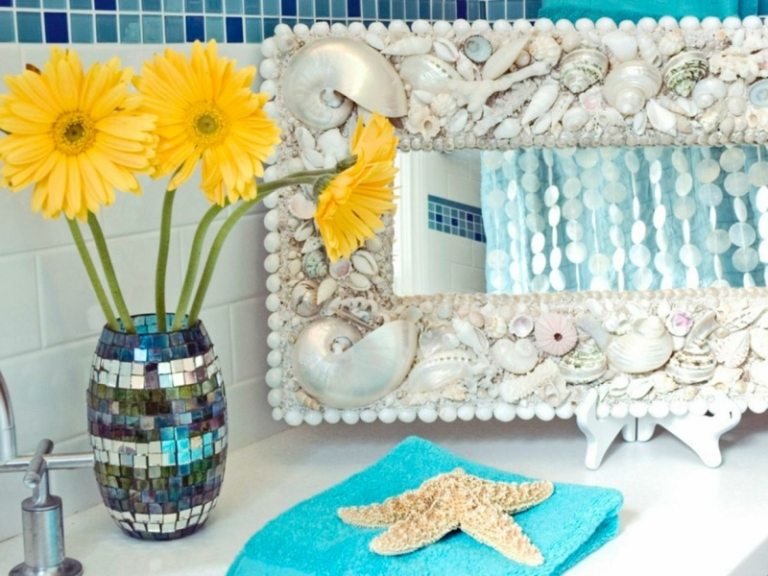 decoração de banheiro moldura de espelho conchas do mar artesanato ideia estrela do mar