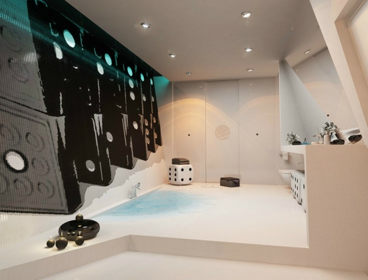 Decoração do banheiro com azulejos de parede e banheira no nível do chão