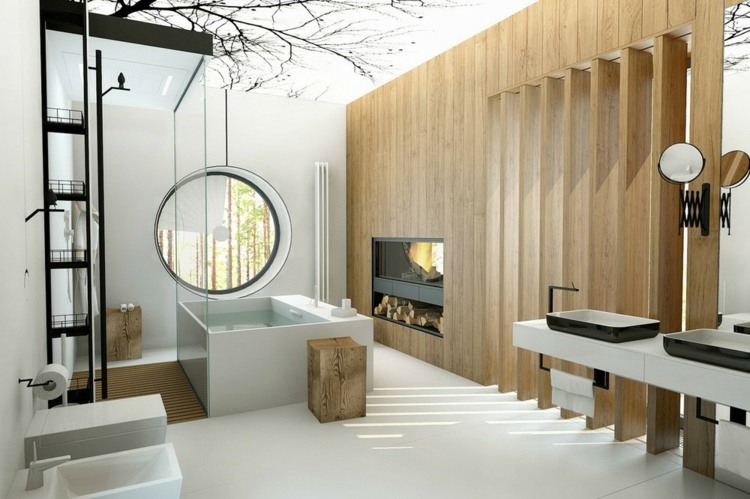 Casa de banho em azulejo de madeira com banheira independente