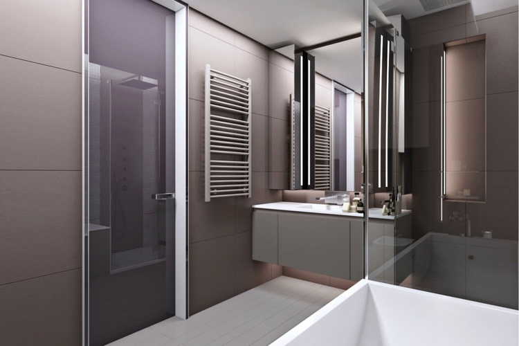 Banheiro com design de banheiro marrom escuro, azulejos de parede de granito, gabinete cinza