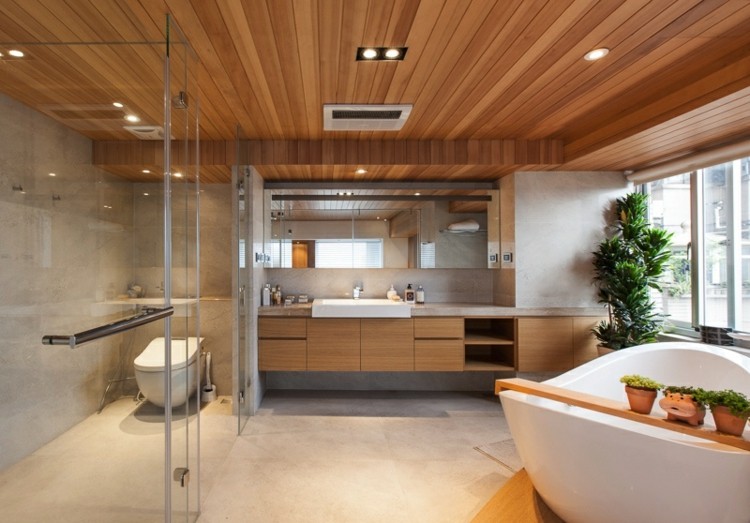 Banheiro, teto de madeira, box de chuveiro independente, frentes de vidro