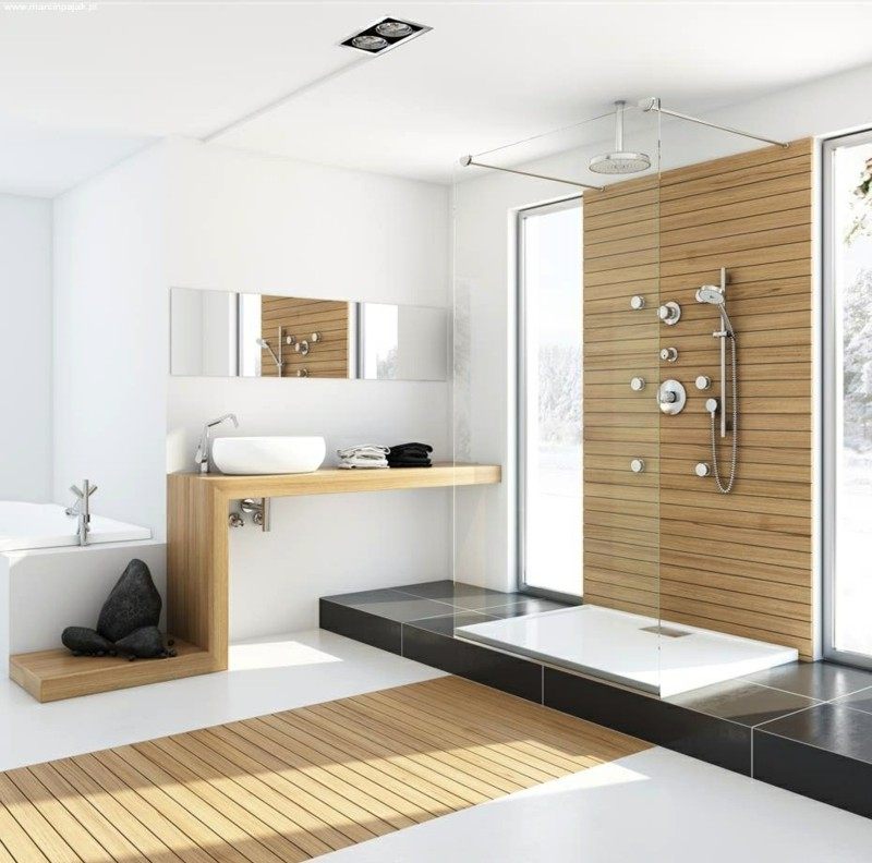 azulejos do banheiro, área do chuveiro preta, tiras de madeira nas paredes brancas