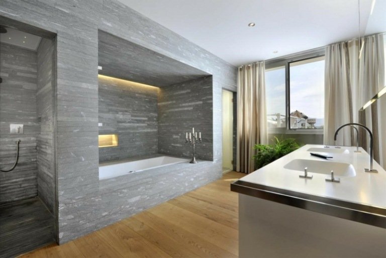 azulejos de banheiro azulejos cinza parede de banheira nicho de parquete console