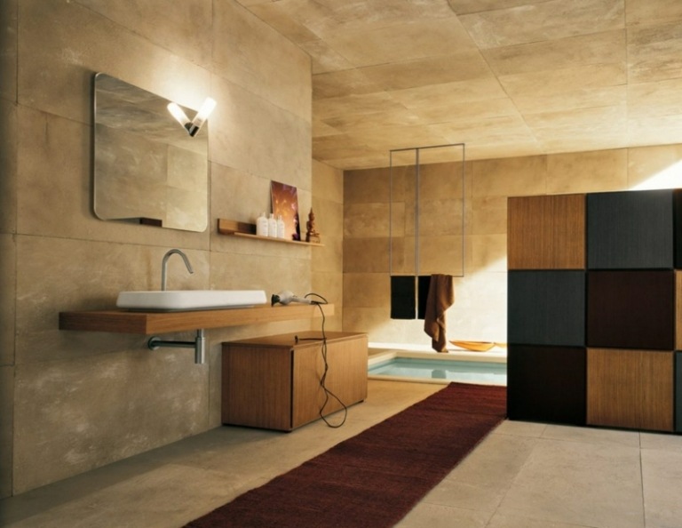 banheiro azulejos de pedra marrom moderna banheira de imersão espelho