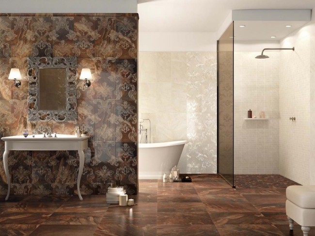 Ladrilhos de banheiro de luxo com motivos barrocos castanhos móveis de banheiro
