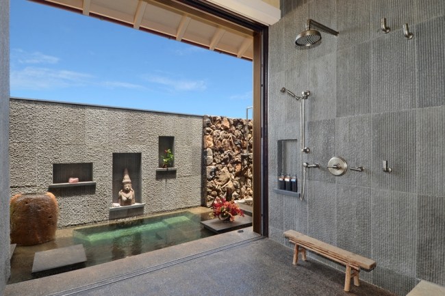 Parede de concreto de banheiro de bem-estar Elementos decorativos asiáticos - chuveiro ferreiro - construção