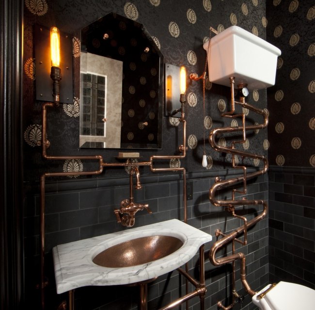 Projeto de banheiro Steampunk - tubo de metal eclético - Andre Rothblatt - arquitetura cromada