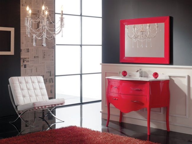 Mistura de estilos ideias móveis banheiro poltrona espelho moldura-vermelho branco-marcal design-home-spaces
