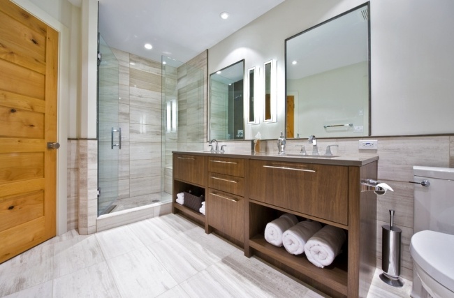 Móveis de banheiro, design de madeira, azulejos brancos, armazenamento de parede cômoda-Sticks e Stones-Design-Group