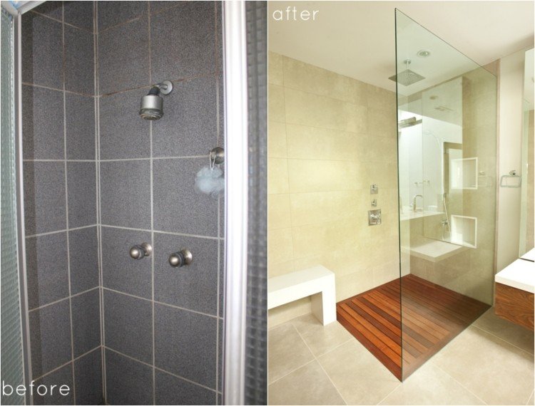 banheiro-reforma-antes-depois-moderno-piso-nível-chuveiro-parede divisória de vidro