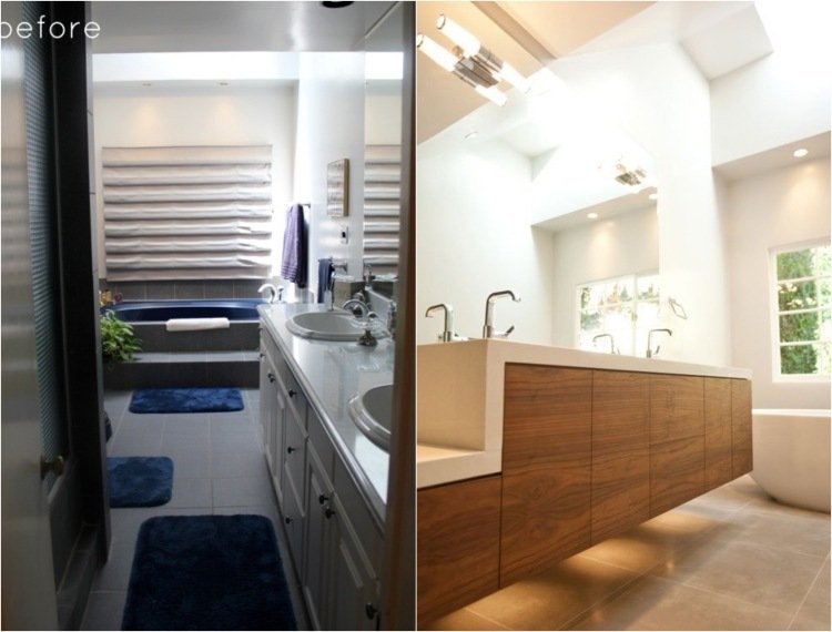 banheiro-renovar-antes-depois-de-madeira-penteadeira-sob-iluminação-espelho de parede
