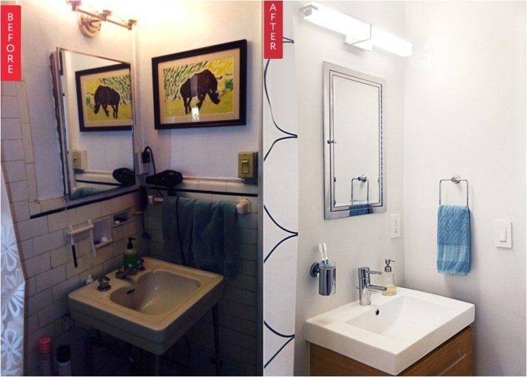 banheiros renovam armário com espelho de maquilhagem antes de depois do toucador