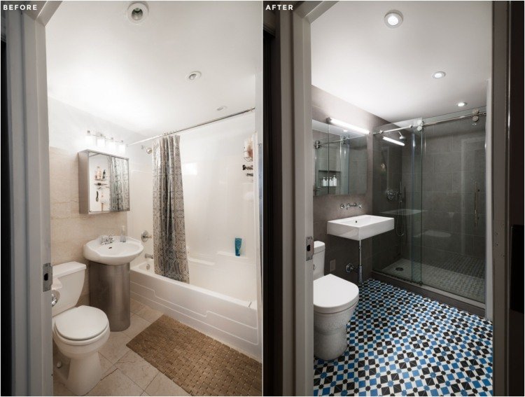 banheiro-renovar-antes-depois-escuro-cores estampadas-piso-ladrilhos-vidro-chuveiro