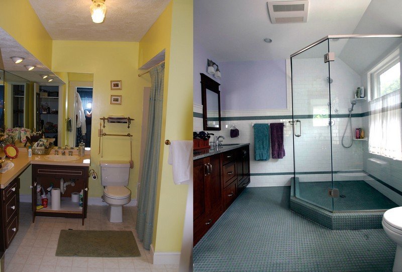 Banheiro-renovar-piso de cerâmica-vidro-verde-cabine de duche