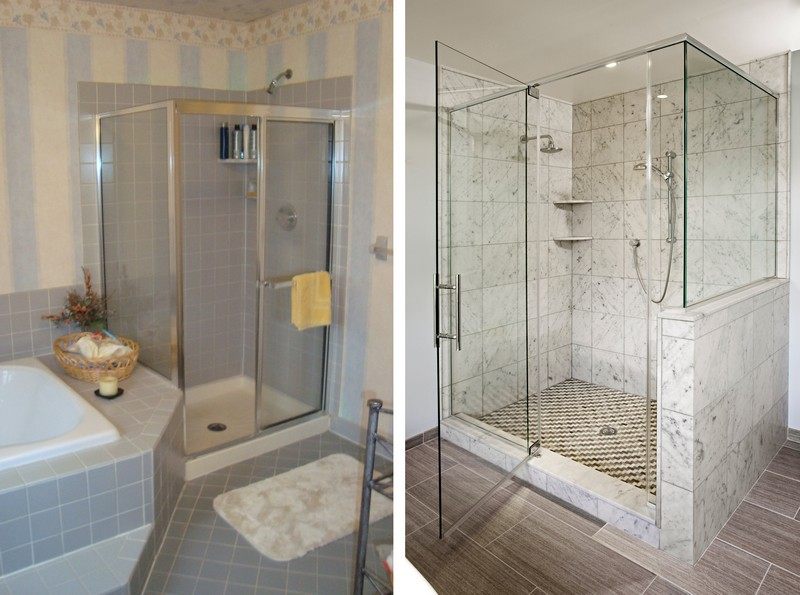Casa de banho reformada, parede de azulejos, aparência de mármore