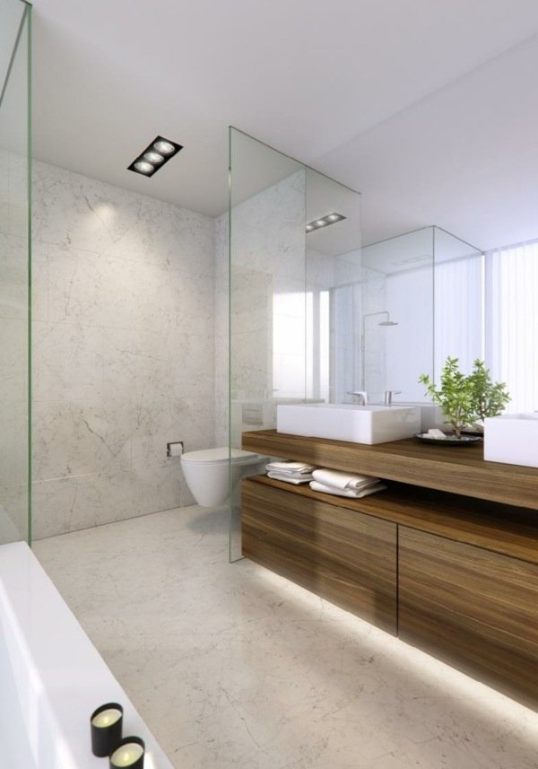Sanita e banheira - divisória de vidro - gabinete de lavatório - madeira