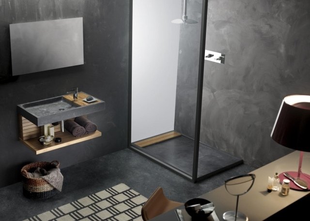 Lavatório de design moderno pedra natural-prateleira de madeira-Verona-banheiro