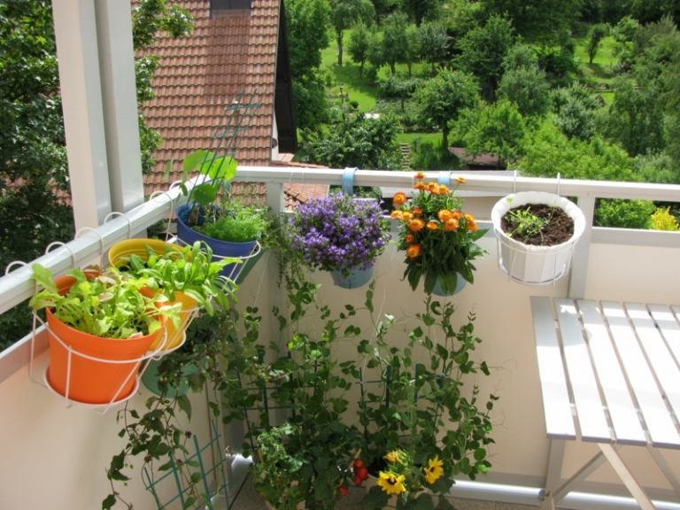 varanda-flores-para-locais-ensolarados-balaustradas-vasos-cores-coloridas-mesa-de-madeira