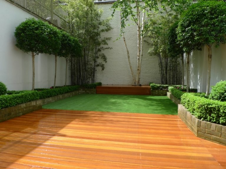 bambu no balde pátio parquete árvores modernas sebes gramado