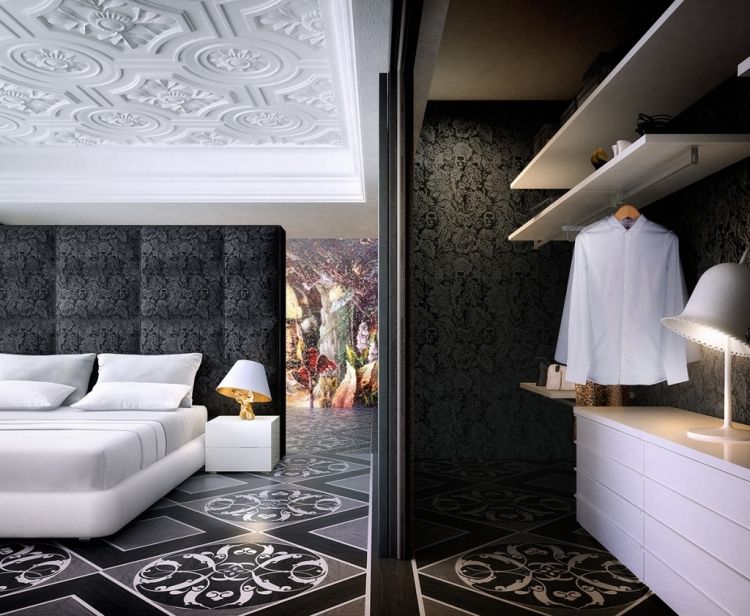barroco-design-marcel-vagueias-quarto-preto-branco-cabeceira-papel de parede-teto de estuque