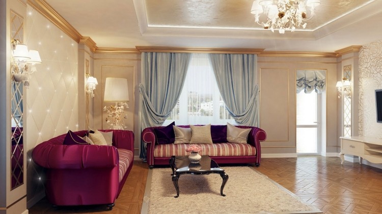 barroco-móveis-modernos-sofás-estofamento-cetim-roxo-iluminação indireta-parquete-piso-parede