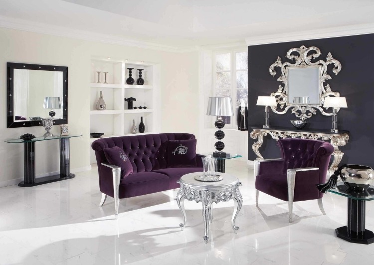 barroco-mobiliário-moderno - preto-branco-berinjela-prata-superfície reflexiva