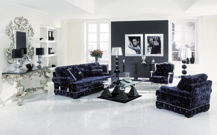 barroco-mobiliário-moderno-preto-branco-prata-veludo-vidro-superfície reflexiva