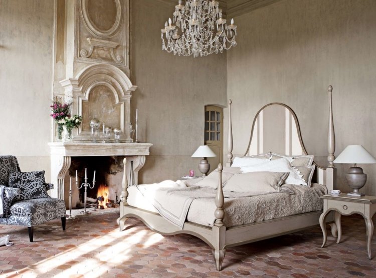Móveis barrocos -quarto-moderno-lareira-branca-aberta-piso de terracota