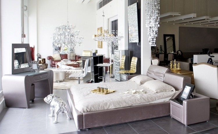 Mobiliário barroco -moderno-pastel-cores-rosa-cinza-cama-decoração-showroom
