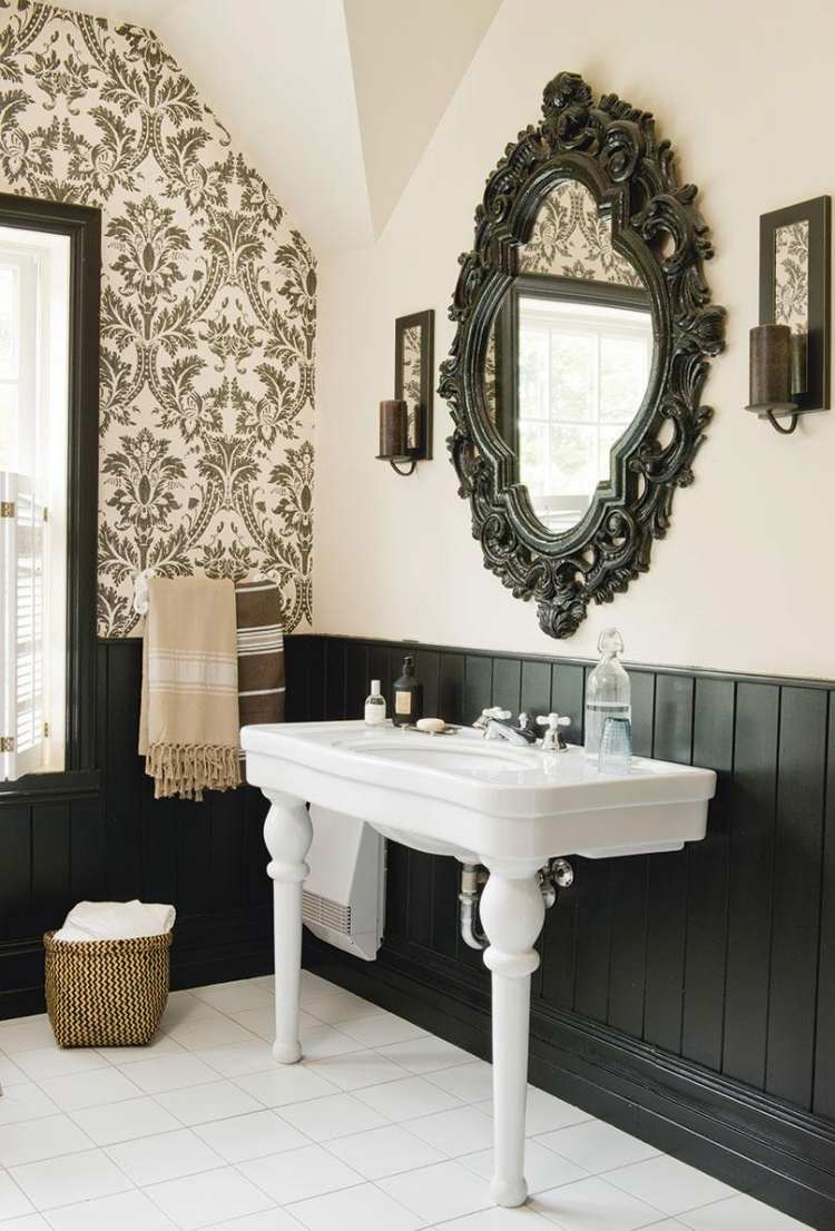 Móveis barrocos -modern-vanity-banheiro-white-black-mirror-wallpaper