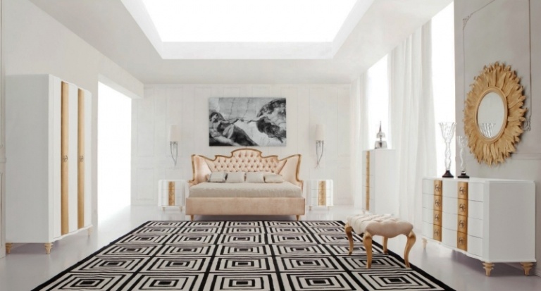 barroco-mobília-quarto-moderno-branco-ouro-tapete-padrão-preto