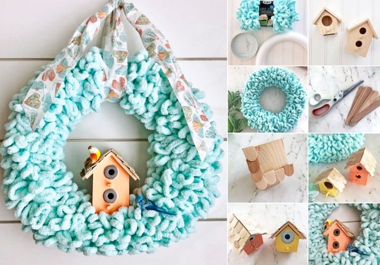Ideias de artesanato de primavera para adultos - grinalda de primavera com lã azul claro e casinha de pássaros
