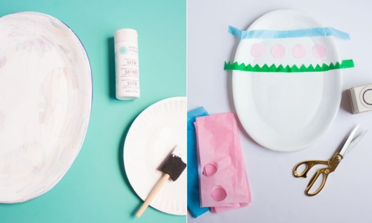 Pinte o prato de servir com tinta acrílica e decore com papel de seda e Mod Podge