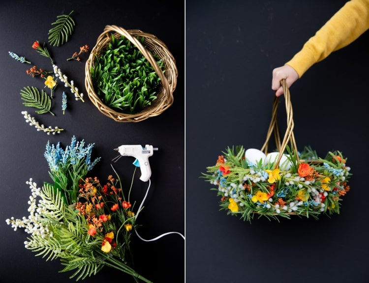 Faça sua própria cesta de Páscoa como uma decoração de primavera com flores coloridas