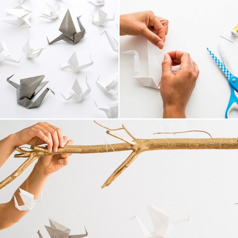 Artesanato-crianças-origami-pássaro-papel-branco-prata-dobra