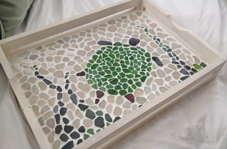 bandeja de madeira decorar cacos de vidro do mar com motivo tartaruga