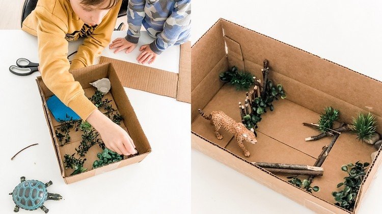 Habitat para animais mexer em uma caixa de papelão feita de materiais naturais